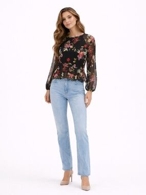 Mango Black Floral Sheer Blouse Oversized Sleeves Tiered Ruffle Hem - Size 2